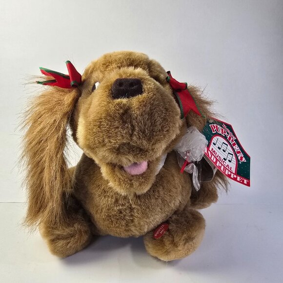 Vintage Puppy Dog Plush Puppet Christmas Stuffed Animal Pup-Pets Brown Bows READ - Picture 3 of 16